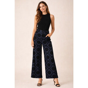 Anthropologie Ett:twa Embroidered Eyelet Pants 0 NWT Navy Pinstripe Wide Leg